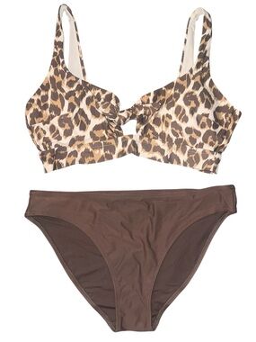 EUC Aerie Leopard Tie-Front Bikini Top with Brown Bottoms Large
